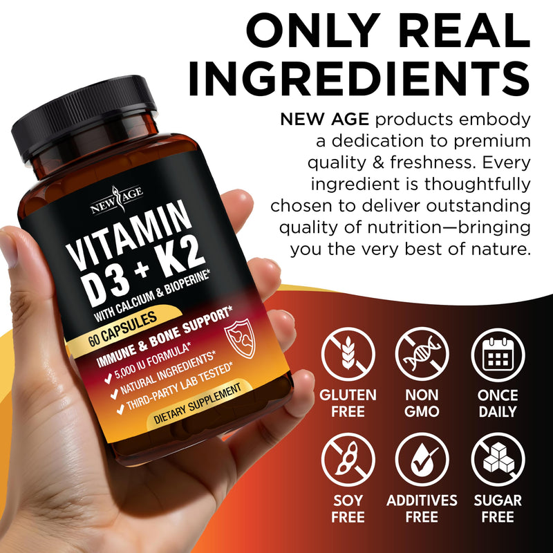 NEW AGE Vitamin D3 5,000 IU + K2 MK-7 100 mcg - 2-in-1 Bone, Immune & Heart Support, Easy to Swallow, Non-GMO - 180 Capsules 60 Count (Pack of 3)