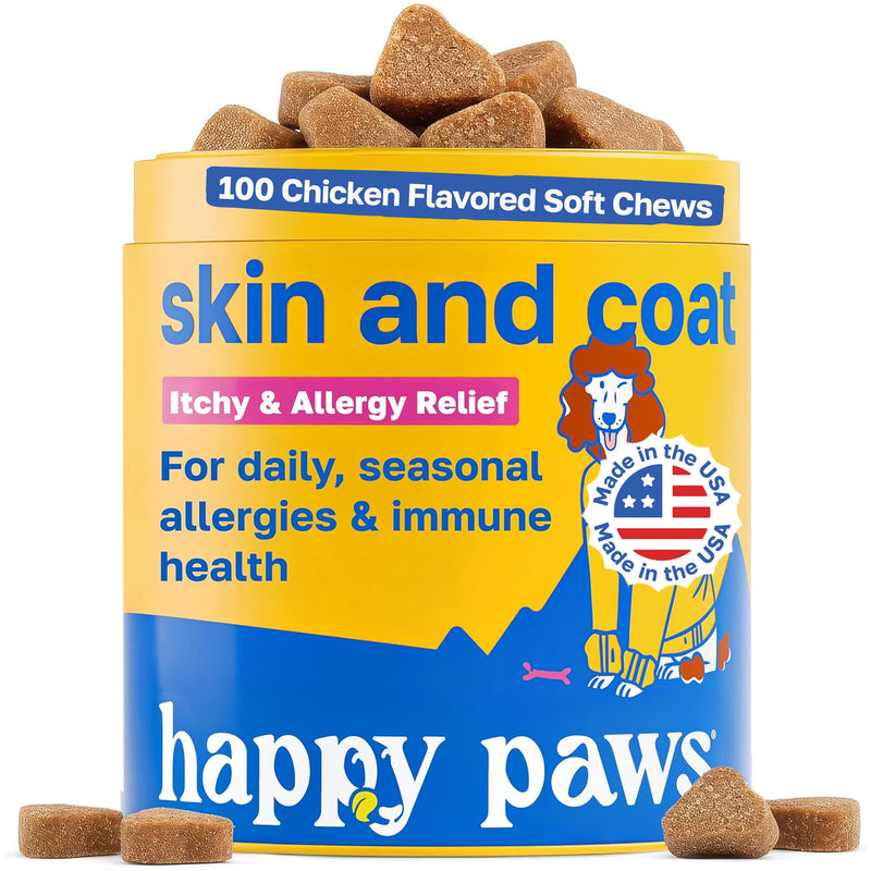 Happy Paws Skin and Coat Supplement for Dogs, Itch & Allergy Relief Support, Daily Dry Skin Comfort & Shedding Care with Coconut Oil & Vitamin B12, Vegan Chicken Flavor, 100 Chews 100 Count