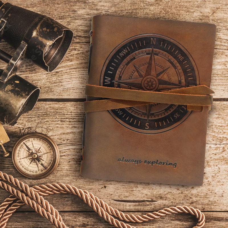 Leather Bound Journal for Men and Women, Handmade Gift Set with Nautical Compass Embossed Journal and Stylish Pen, Vintage and Classic, Notebook, Sketchbook, Planner and Diary (300 Pages) (8x6") - BeesActive Australia