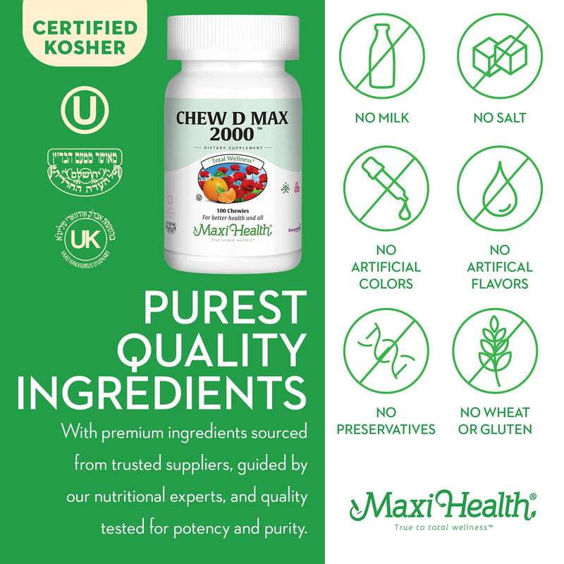 Maxi Health Chewable Vitamin D3 2000 IU Supplement - Delicious Natural Bubble Gum Flavor - Supports Calcium Absorption, Immune and Bone Health | Kosher | Vitamin D Immune Support Supplement | Calcium Absorption, Bone, Teeth & Muscle Support | Doctor Fo...