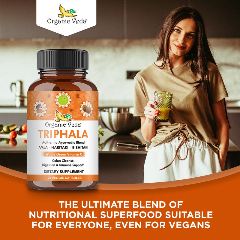 Organic Veda Triphala Capsules with Natural Amla, Haritaki, Bibhitaki Fruits - Herbal Triphala Powder Dietary Supplement for Colon Cleanse, Digestive, Immune Support - Vegan, Gluten Free - 120 Count - BeesActive Australia