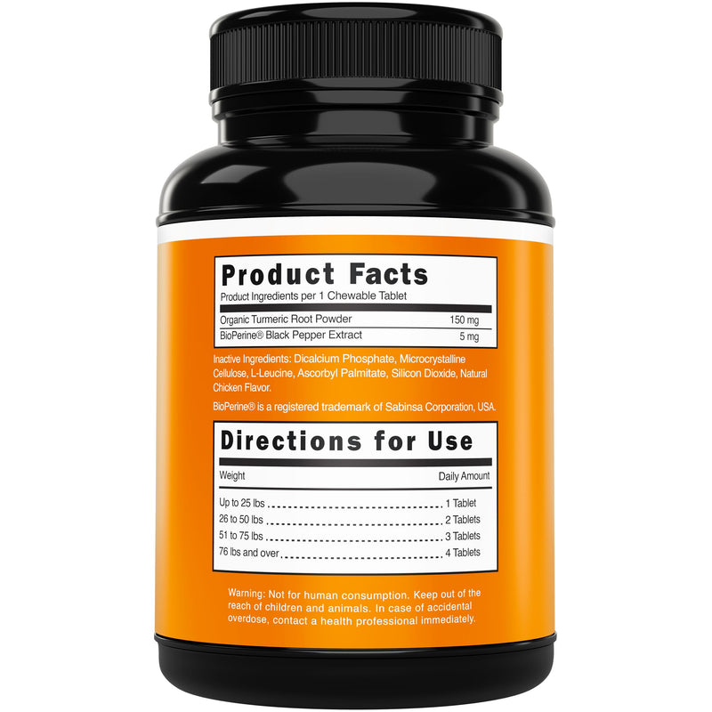 Turmeric for Dogs (155mg) Turmeric Curcumin Supplement for Dogs with BioPerine - Immune System Hip, Mobility & Joint Support - 120 Chicken Flavor Chewable Tablets - Third Party Tested & Non-GMO