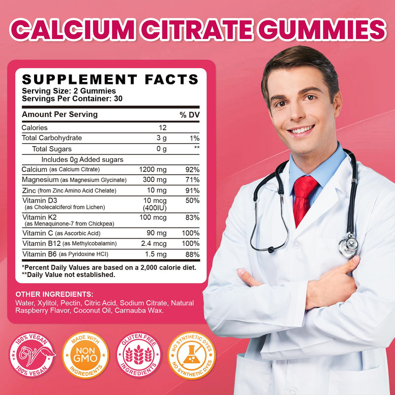 Calcium Citrate Gummies - 1200mg Calcium Gummies Supplements for Women & Men with Vitamin D3, K2, Magnesium, Zinc High Absorption for Bone, Muscle & Immune Support, Raspberry Flavor, 120 Count 60 Count (Pack of 2)