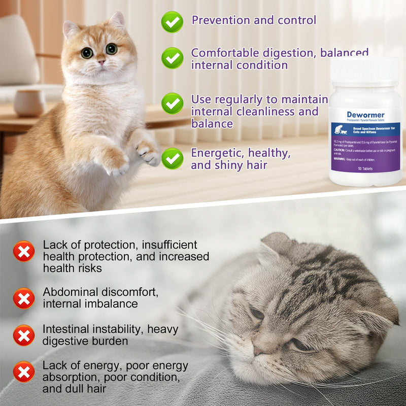 Cats & Kittens Broad-Spectrum Dewormer, for Tapeworms, Hookworms & Roundworms, 50 Tablets