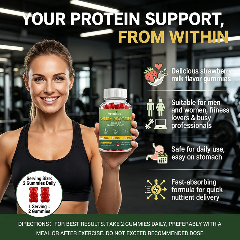Whey Protein Gummies for Adults & Teens 100% Whey Protein Isolate with Vitamin C, D3, B12, Calcium, Magnesium & Iron, Muscle Support, Energy Boost & Bone Health, Strawberry Milk Flavor, 60 Counts