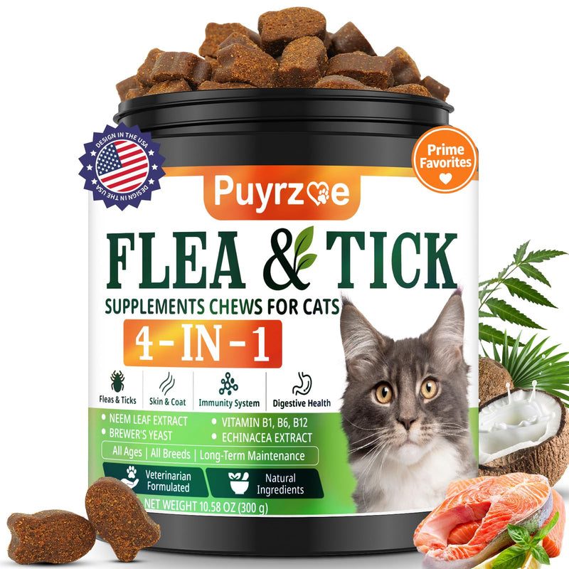 Puyrzoe 4-in-1 Flea Treatment for Cats Chewable, Natural Cat Flea and Tick Prevention Chewable Supplement for Skin & Coat | Immunity Support | Digestive | Flea & Tick Treatment for All Breeds & Sizes