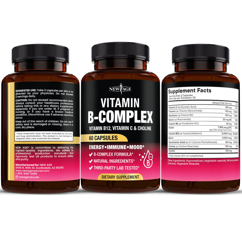 Vitamin B Complex for Men & Women - Made in USA - B-Complex: B1, B2, B3, B5, B6, B7, B8, B9, B12 with Vitamin C, Choline, Inositol - Energy, Brain & Heart Support Supplement - 60 Vegan Capsules 60 Count (Pack of 1)