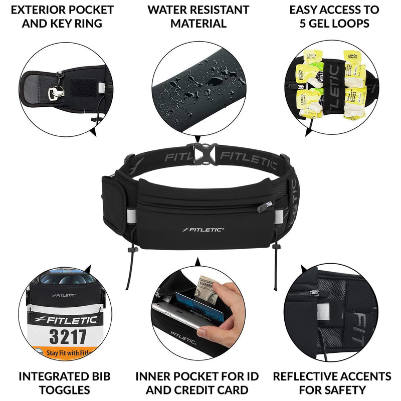 Fitletic - Ultimate II Running Pouch with Gels, Runners Pouch, Running Waist Belt with Gel Loops, Exterior Pocket, Inner Pocket, and Integrated Bib Toggles, Running Accessories Black - BeesActive Australia