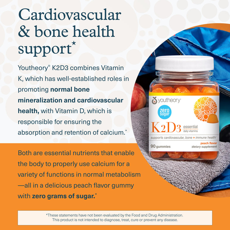 Youtheory K2D3, 90 Vegetarian Capsules, 90-Day Supply | Vitamin D3 and K2 Supplement, Plant-Based Ingredients, Gluten, Dairy, and Soy-Free, Supports Bone, Heart, and Immune Health* 1 Count (Pack of 90)