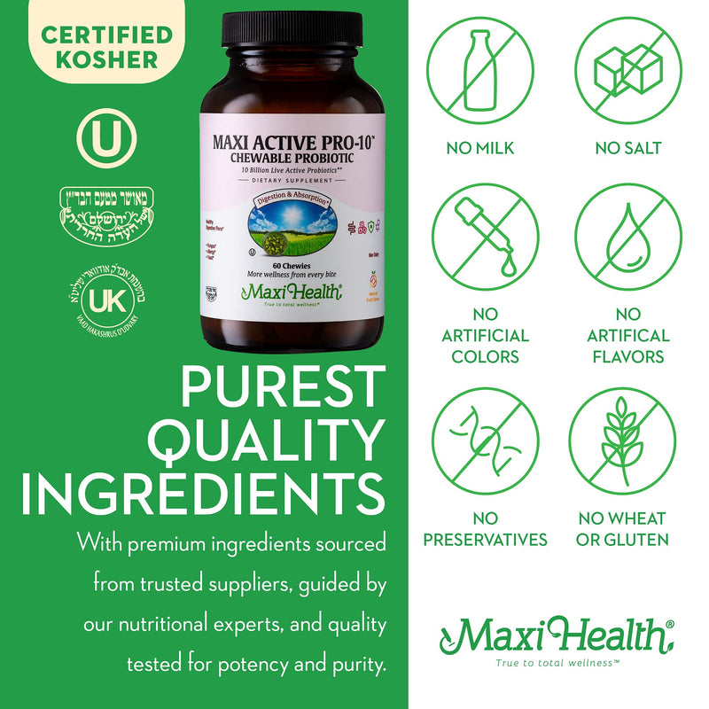 Maxi Health® Probiotics for Kids, 10 Billion CFU (60 Count) | Kosher | 15-Strain Kids Probiotic | Fruit Punch Chewables for Digestive Health | Vegetarian · Non-GMO | Doctor Formulated 60 Count (Pack of 1)