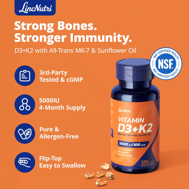 Vitamin D3 K2 5,000IU MK7 100mcg, 120 Softgels, 3rd Party Tested | Non-GMO · Soy Free · Gluten Free · Keto, Sunflower Seed Oil, Easy to Swallow for Bone & Heart Health, 4-Month Supply Vitamin D3 K2 5000IU