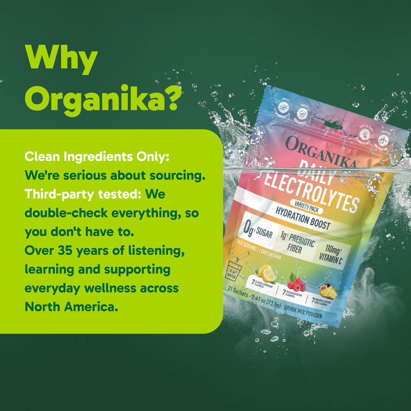 Organika Daily Electrolytes Powder Variety Pack with Vitamin C & Prebiotic Fiber – 21 Single-Serve Sachets (Lemonade, Raspberry, Pineapple Passion Fruit), Sugar-Free, Caffeine-Free 2.47 Ounce (Pack of 1)