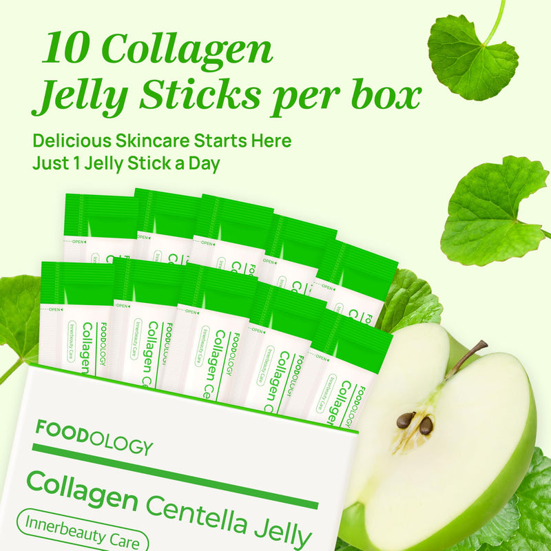 FOODOLOGY Coleology Centella Jelly Collagen Petide, Gree Apple, 10 Sticks | PDRN, Biotin & Hyaluronic Acid, Vitamin for Skin Glow, Hair & Nail Support, Korean Jelly Collagen Sticks Green Apple 10 Count (Pack of 1)