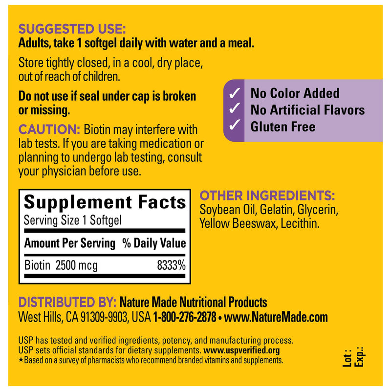 Nature Made Biotin 2500 mcg Extra Strength, Biotin Supplements Support Healthy Hair Skin & Nails, 150 Softgels, 150 Day Supply, (Pack of 2) 150 Count (Pack of 2)