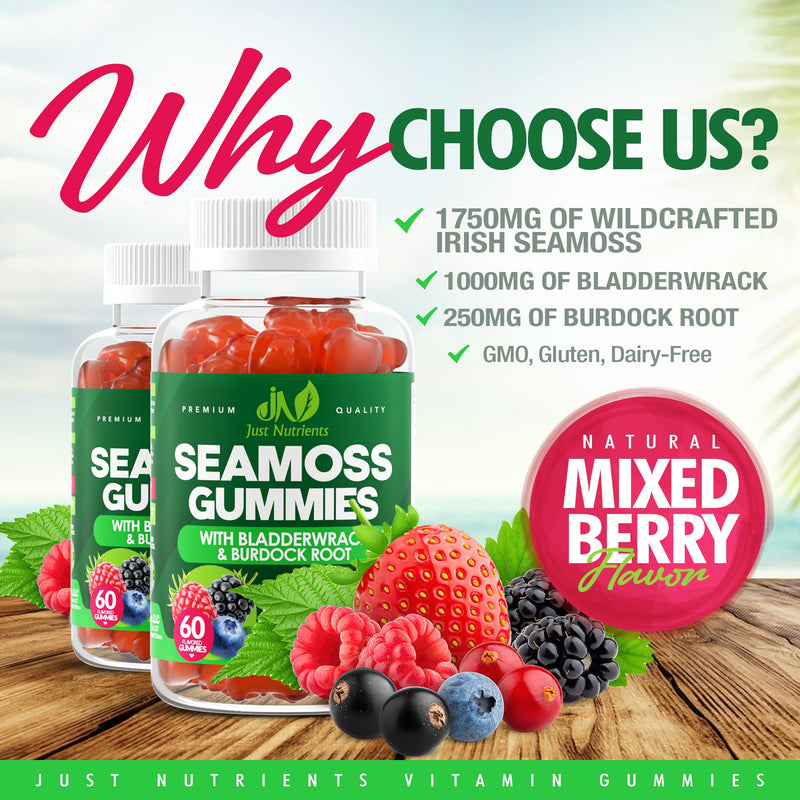 Sea Moss 3000mg Gummies with Bladderwrack and Burdock Root - Natural Irish Sea Moss for Immune, Thyroid and Detox Support - Extra Strength, Great Tasting - Gluten-Free, Vegan - 60 Gummies (Pack of 2) 60 Count (Pack of 2)