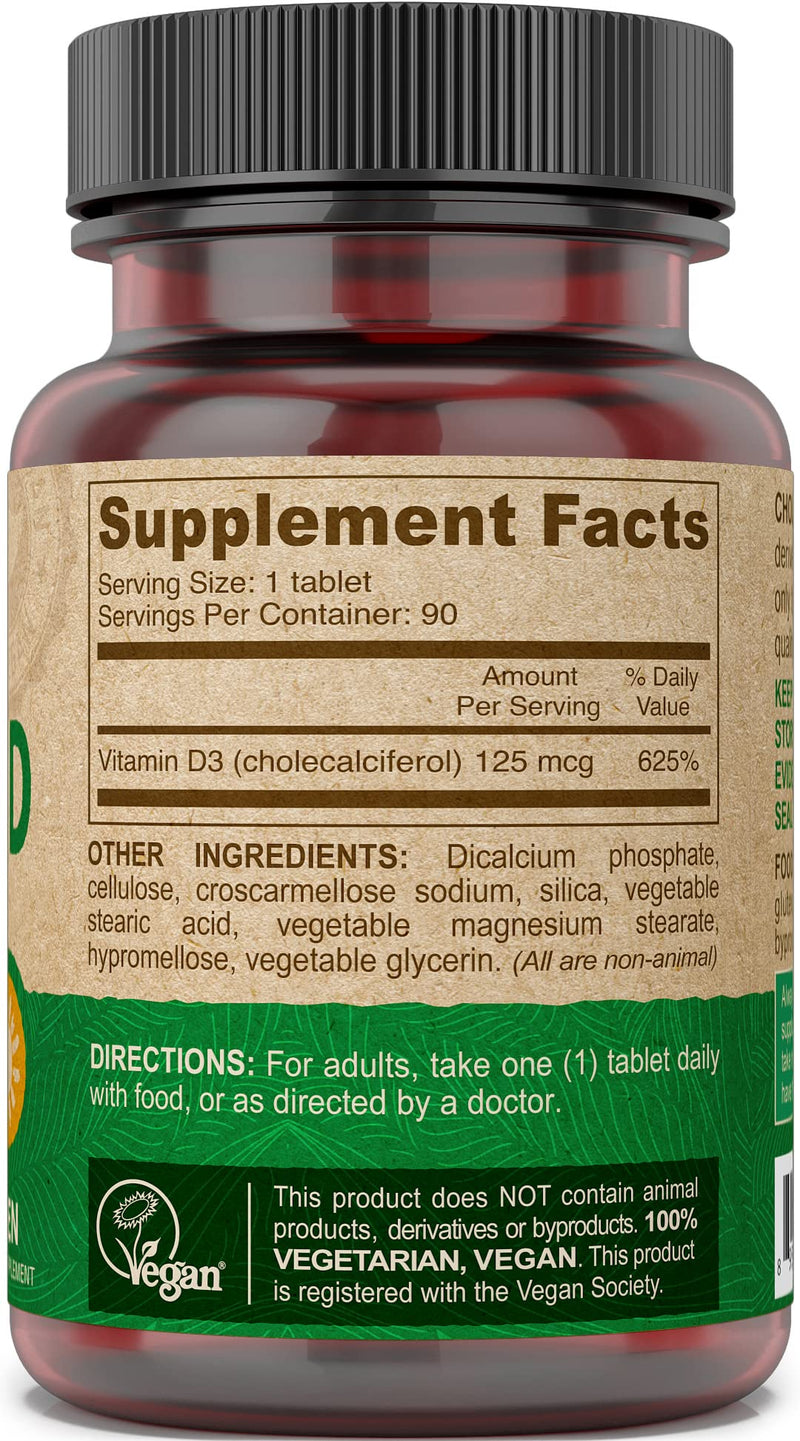 DEVA Vitamin D3 5000 IU, Sunshine Supplement, 125 mcg of Vegan D3, 90-Count Bottle 90 Count (Pack of 1)