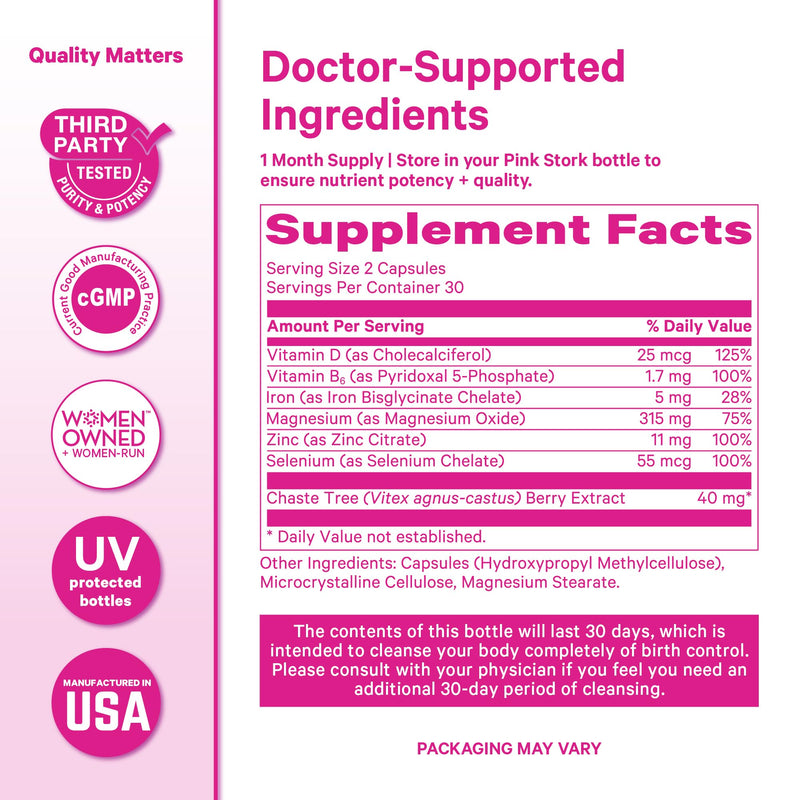 Pink Stork Birth Control Cleanse to Support Hormone Balance, with Chaste Tree Berry (Vitex), Magnesium, and Selenium, Period Support for Conception, Fertility Supplements for Women - 60 Capsules