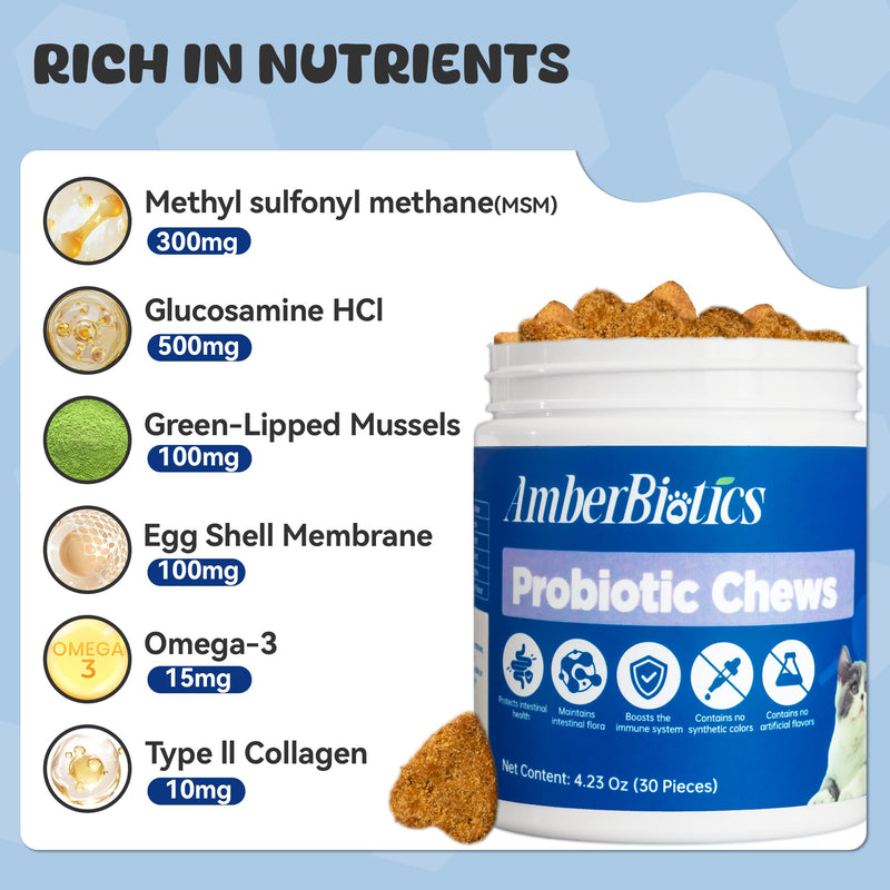 Probiotics for Cat, Boosts Immune System, Improves Digestion, Supports Gut Health, Relieves and Prevents Diarrhea and Soft Stools, Salmon-Flavored Chewable Tablets - 30 Tablets (120g)