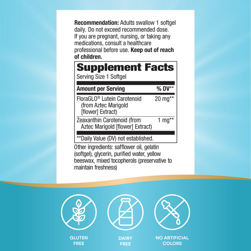 Nature's Way Lutein, Supports Eye & Skin Health*, 20 mg per Serving, 60 ct | Softgels Promote Healthy Retina Function*, Supports Skin Hydration & Elasticity*, 20 mg FloraGLO Lutein per Serving