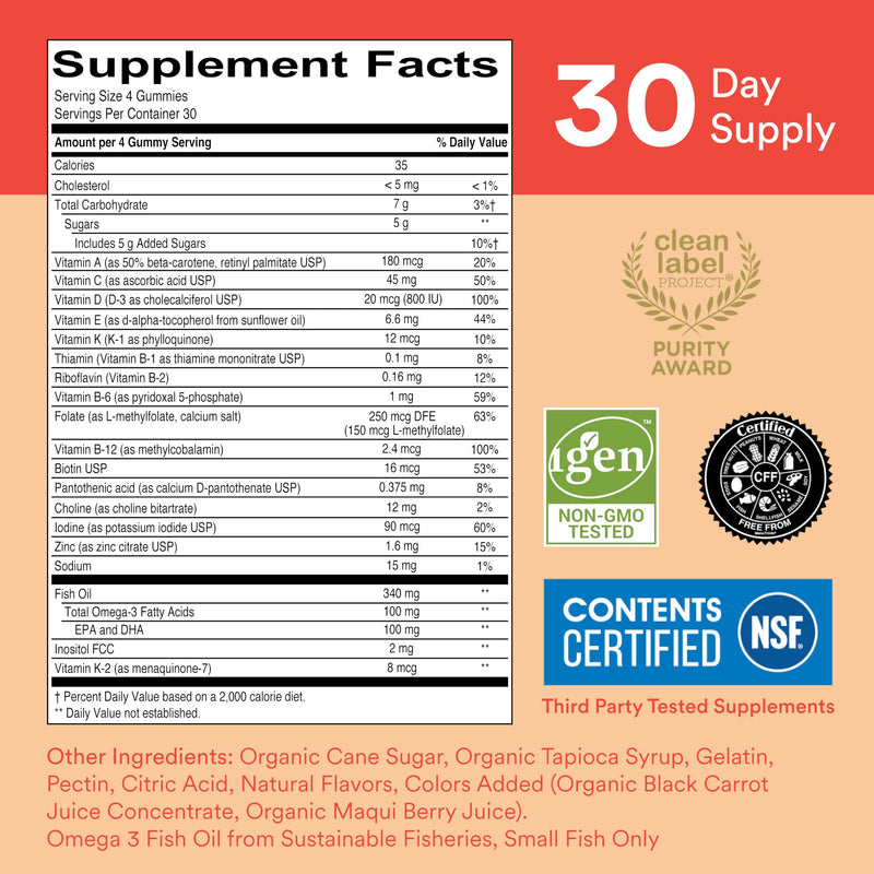 SmartyPants Kids Multivitamin Gummies: Omega 3 Fish Oil (EPA/DHA), Vitamin D3, C, Vitamin B12, B6, A, K & Zinc for Immune Support, Biotin, Grape, Cherry & Berry Flavors, 120 Count (30 Day Supply) Kids Cherry Berry 120 Count (Pack of 1)