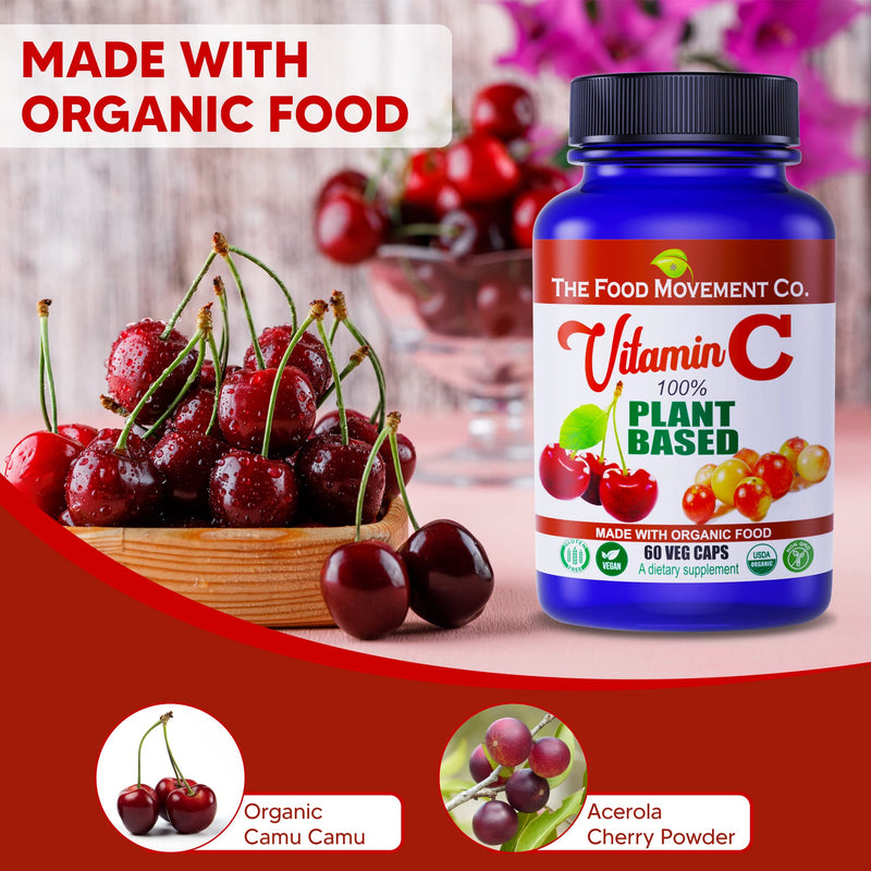 THE FOOD MOVEMENT CO. 100% Plant-Based Vitamin C 60 Capsules 125mg - Adults Immune System Antioxidant Support Dietary Supplement - Whole Food Vegan Supplements from Organic Non-GMO Gluten-Free Fruits