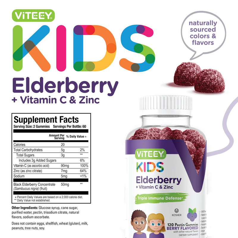 Viteey Sambucus Elderberry Gummies for Kids with Zinc & Vitamin C | Immune Support Supplements 3-1 Immune Booster - Vegan, Gelatin Free, Gluten Free, GMO Free - Chewable Berry Flavored Gummy 120 Count (Pack of 1)
