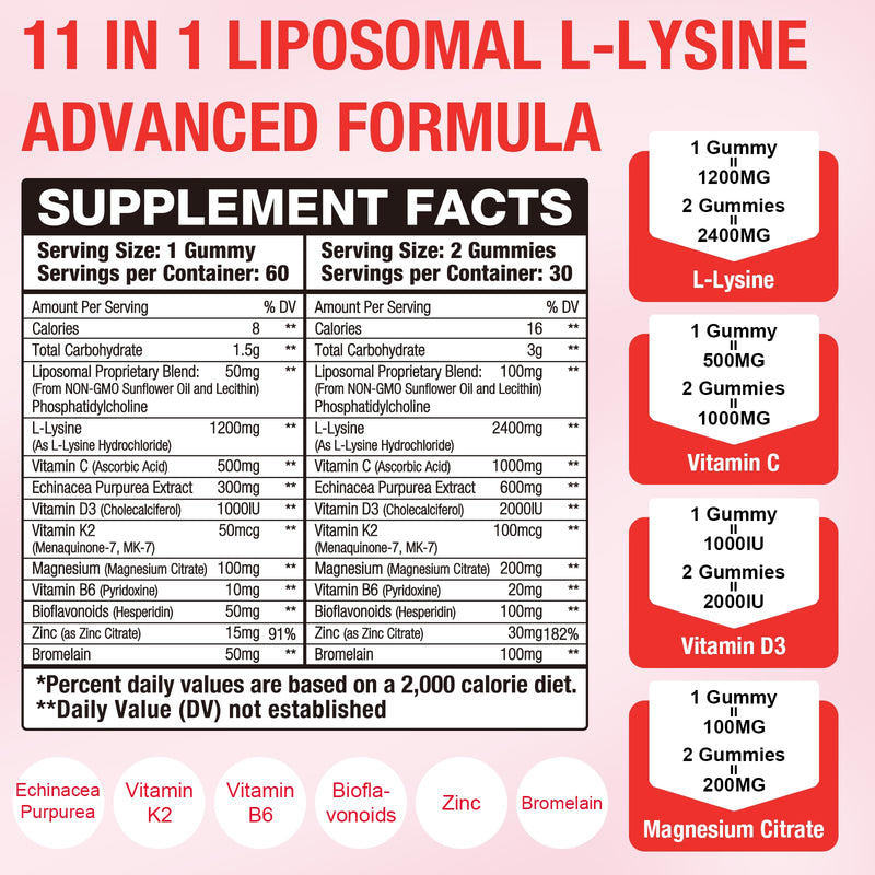 3 Pack Liposomal L-Lysine 2400mg & Vitamin C 1000mg Gummies - with D3 K2 Zinc, Magnesium, Echinacea - for Lips & Oral Wellness,Immune Support, Skin Health & Energy Boost 60 Count (Pack of 3)