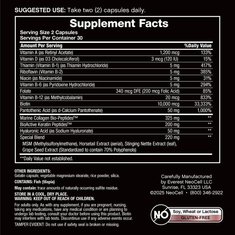 NeoCell Biotin Collagen Keratin Supplement | 80000mcg | 60 Capsules | Beauty B-Complex | Plus Hyaluronic Acid | Hair, Skin, and Nails