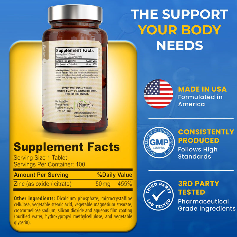Zinc 50mg [High Potency] Supplement - Immune Support System from Natural Zinc (Oxide/Citrate) 100 Tablets, Made by Nature’s Potent. - BeesActive Australia