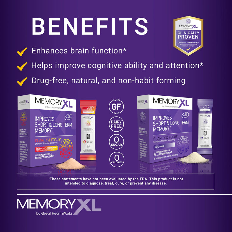 MemoryXL Brain Supplement for Memory & Focus, Cranberry Lemon, 30 Count | Improves Memory Focus Attention Learning & Logic with Magnesium L-Threonate, Magtein® & Vitamin Mix - 0 Sugar, 0 Calories