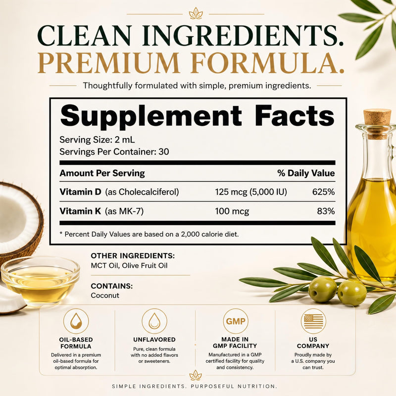 Vitamin D3 K2 Liquid Drops in MCT Oil – 5000 IU Vitamin D3 (125 mcg) + 100 mcg Vitamin K2 MK-7 – Unflavored – 60 mL – 30 Servings