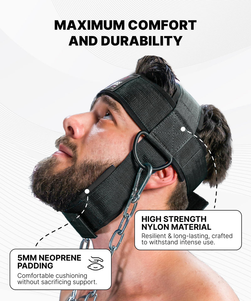 DMoose Fitness Neck Harness for Weight Lifting - Soft Padded Head & Chin Strap with 30" Heavy Duty Steel Chain - Neck Exerciser, Trainer & Strengthener to Support Injury Recovery and Intense Workouts With Support Strap Black