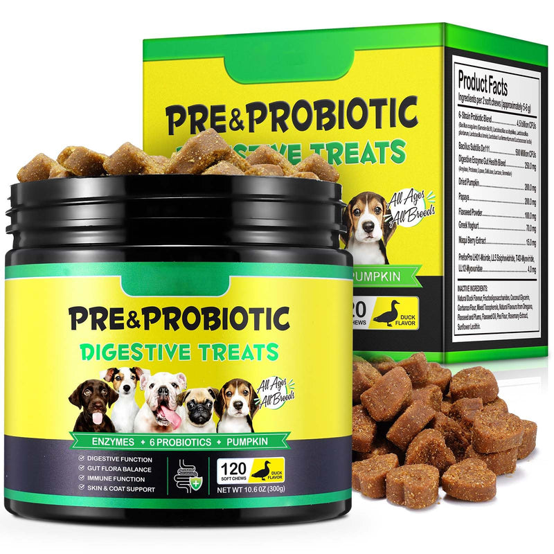Probiotics for Dogs, 120 Soft Chews with Pumpkin, Flaxseed & Prebiotics | Digestive Health, Gut Balance, Itch Relief, Immune Support, Skin & Coat Care | Duck Flavor, All Breeds & Sizes 120pcs
