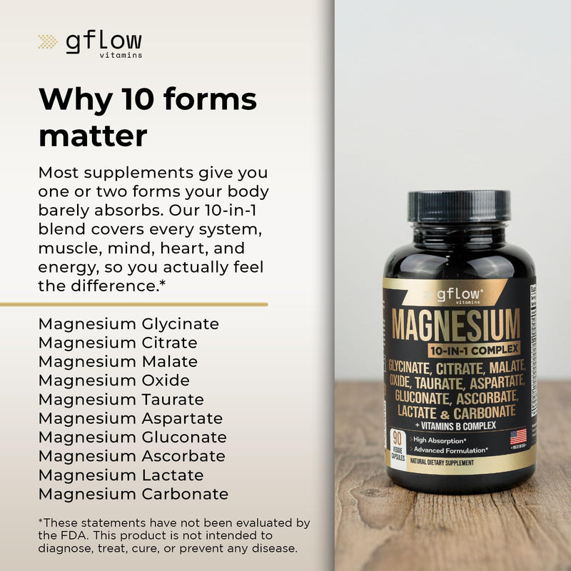 gflow vitamins Magnesium Complex Supplement - 10 Active Forms, Glycinate, Citrate, Malate, Oxide, Taurate, Aspartate, Gluconate, Ascorbate, Lactate, Carbonate, Plus More with Vitamin C B1 B2 B6 B12