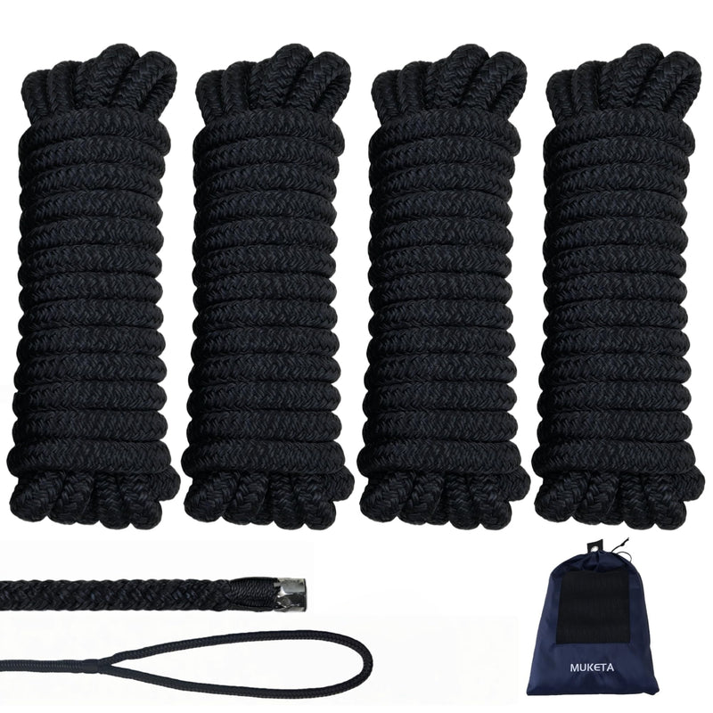 Boat Dock Lines 4 Pack 1/2 in X 15 ft with 12" Eyelet Marine-Grade Double Braided Nylon Boat Lines,Hi-Performance Boat Ropes for Docking and Mooring,Fray Resistant,Easy Handling Black 1/2" x 15' (4 Pack)