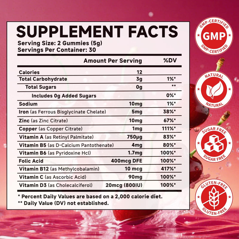 Iron, Zinc, Copper Supplements for Women & Men, Mineral Gummies with Vitamin A, B5, B6, C, D3, B12 for Adults, Kids, Promote Energy, Support Immunity, Bone Health, Sugar Free, Cherry Flavor, 120 Count 60 Count (Pack of 2)