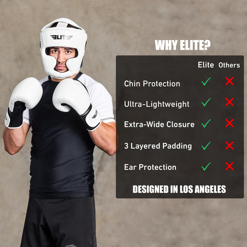 Elite Sports Best Boxing Headgear, Training Sparring Safety Head Guard for MMA, Kickboxing Trainees, Muay Thai, and Boxing for Adult Men White