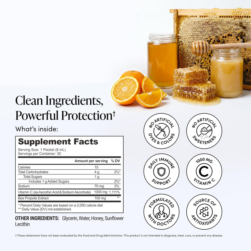 Beekeeper's Naturals Liposomal Vitamin C (1000mg) + Propolis Packets, 30 Ct | Propolis & Organic Honey, Supercharged Immune Support, Increased Bioavailability, Max Absorption Adult 30 Packets