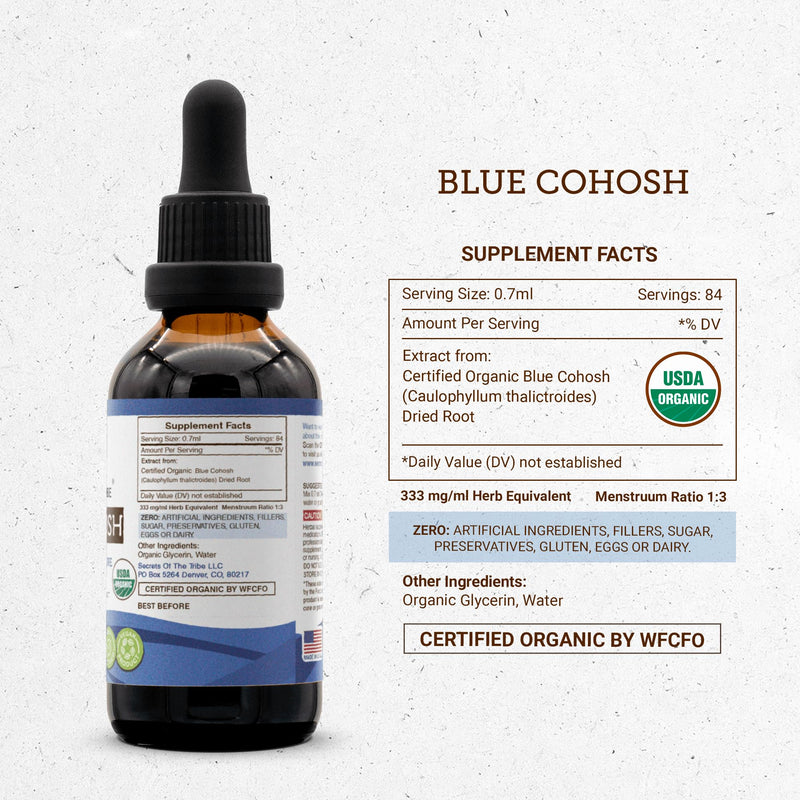 Secrets of the Tribe Blue Cohosh USDA Organic Alcohol-Free Tincture (Glycerite) Responsibly farmed Blue Cohosh (Caulophyllum Thalictroides) Dried Root (2 Fl Oz) Women's Health Supplement 2 Fl Oz (Pack of 1) - BeesActive Australia