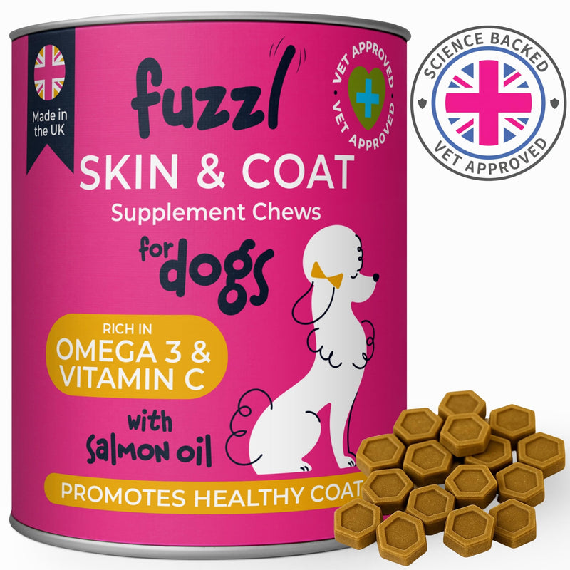 Fuzzl Itch Relief Skin & Coat Supplement Max Strength - Science Backed, Vet Approved, Made in UK - Omega 3, Vitamins - Daily Anti-Itch Supplement for Dry Skin Supports Healthy Skin & Coat 30 Treats Skin 30s