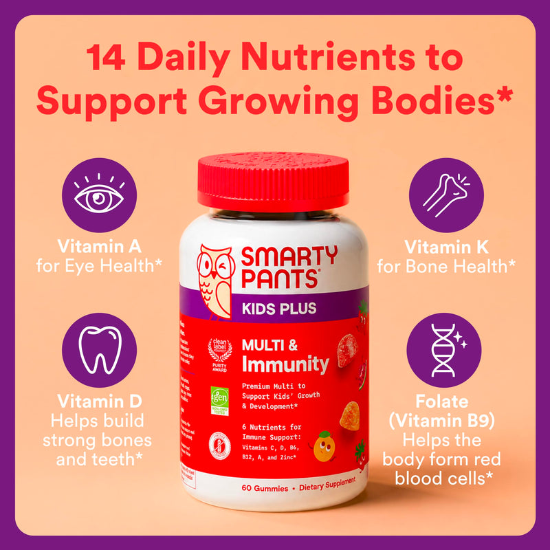 SmartyPants Kids Plus Multi & Immunity Multivitamin Gummies with Vitamins C, D, B6, B12, A, Zinc, Biotin, Iodine, Gluten Free, Clean Label, Two Fruit Flavors, 60 Gummies (30 Day Supply) 1 Count (Pack of 1) Multi + Immunity