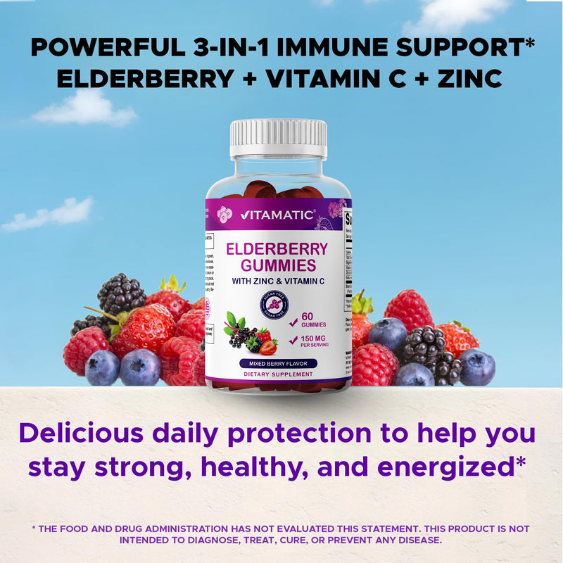 Vitamatic Elderberry Gummies with Vitamin C & Zinc – Immune Support Supplement – Mixed Berry Flavor– 60 Gummies – Made in the USA, Vegan, Non-GMO, Gluten-Free 60 Count (Pack of 1)