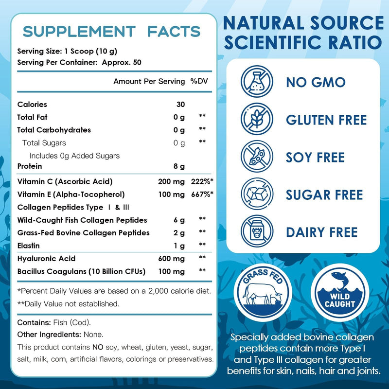 NATURE TARGET Marine Collagen Powder for Women, 50 Servings | With Hyaluronic Acid and Vitamin C for Hair, Skin, Nails, and Joints, Wild-Caught Fish and Grass-Fed Bovine 1.1 Ounce (Pack of 1)