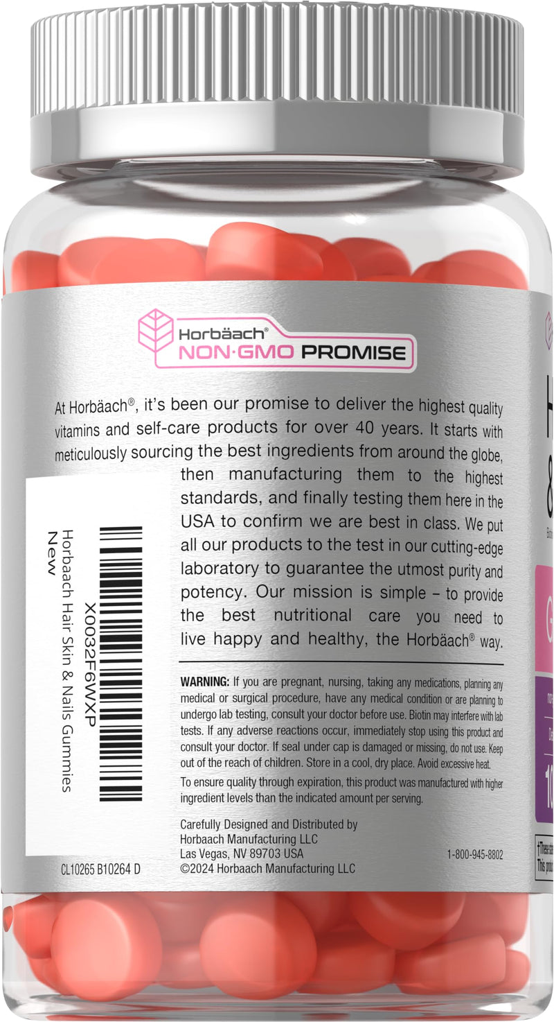 Horbäach Hair Skin and Nails Gummies | 100 Count | with Biotin | Fruit Flavored Vitamins | Non-GMO, Gluten Free Supplement 100 Count (Pack of 1)