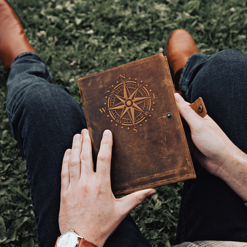 Travel Journal Series by Modest Goods - Refillable Leather Cover and A5 Notebook - Travel Accessories for Men & Women - Great for Traveler Adventure Journal, Vacation Scrapbook, Planner (Compass) Compass