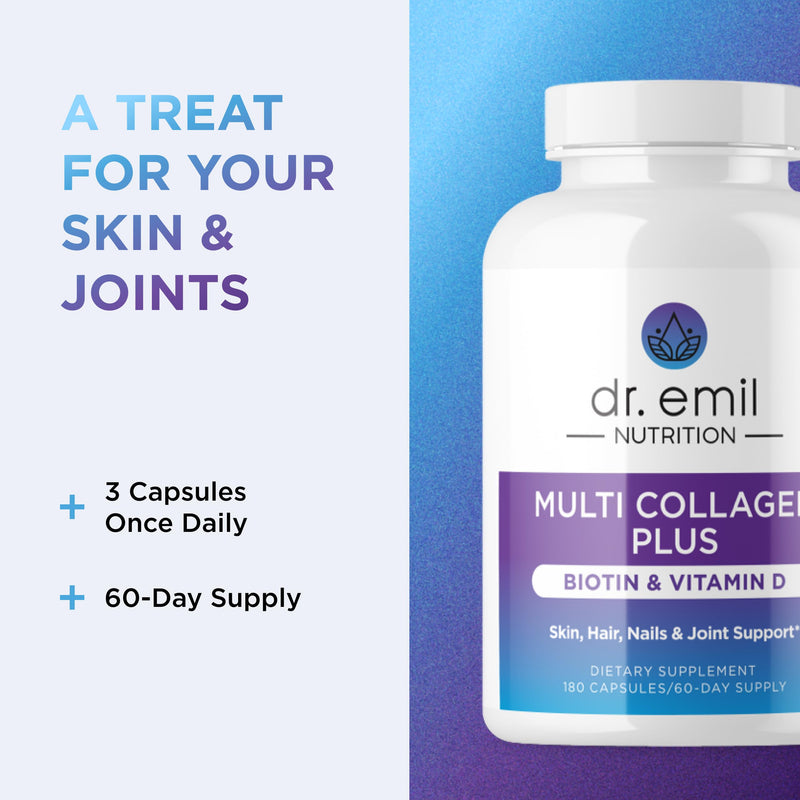 Dr. Emil Multi Collagen, Types I, II, III, V & X with Biotin, 180 Capsules | Hydrolyzed Multi Collagen Supporting Hair, Skin, Nails, and Joints, Non-GMO and Dairy-Free with Biotin and Vitamin D