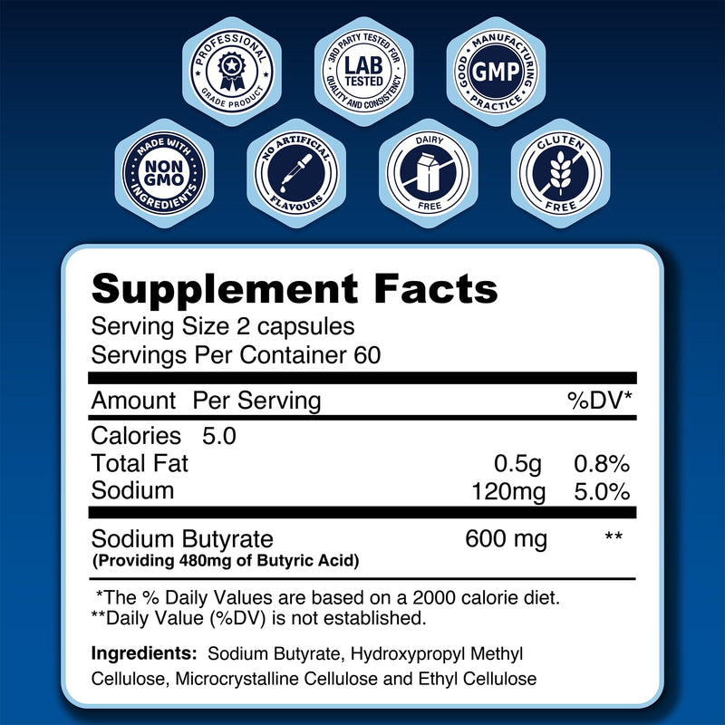 LongJuvity Sodium Butyrate Supplement (300mg) - Naturally Sourced Postbiotic - Optimal Gut Health & Leaky Gut Repair - Postbiotic Short Chain Fatty Acid, Lab Tested (120 Extended Release Caps) - BeesActive Australia