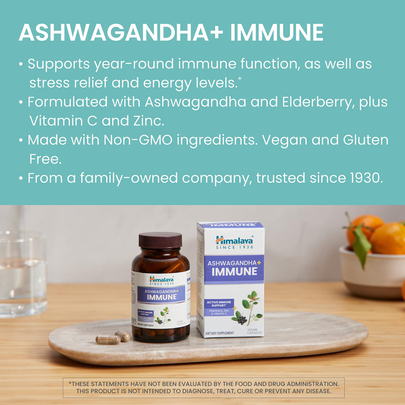 Himalaya Ashwagandha + Immune Herbal Supplement, 960 mg, 60 Capsules | Herbal Immune Support Supplement with Vitamin C, Zinc, Elderberry & Amla for Immunity - Vegan, Non-GMO, Gluten Free Ashwagandha+ Immune