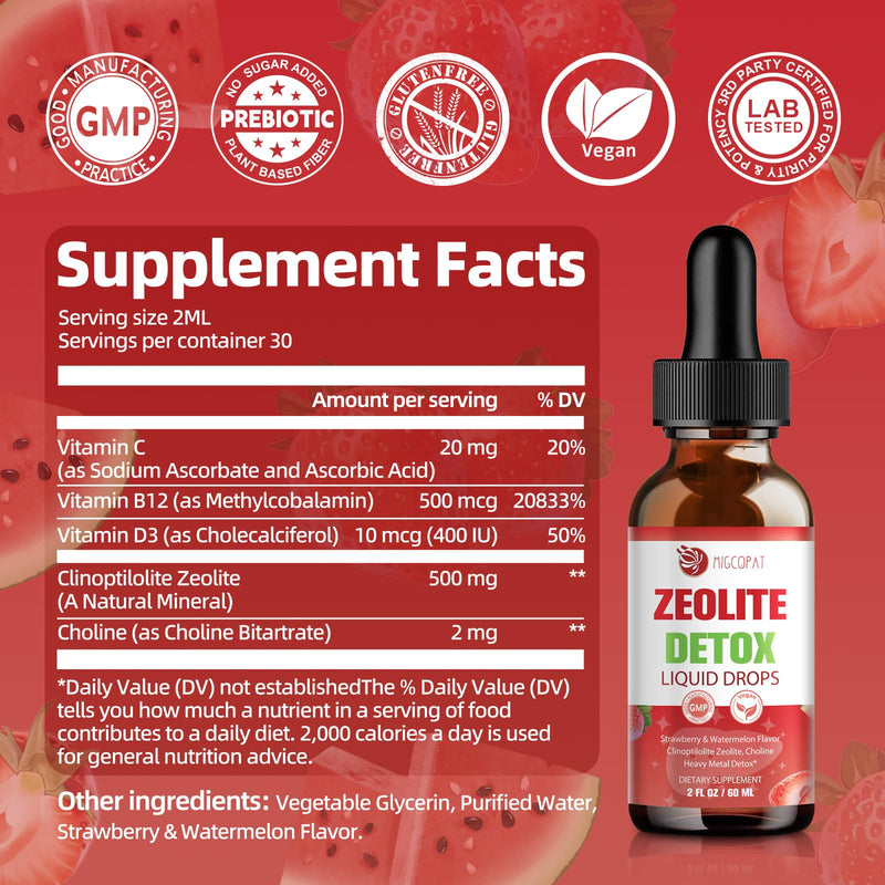 Migcopat Zeolite Detox Liquid Drops with B12, D3 & Vitamin C, 60ml | Pure Body Cleanse Support for Heavy Metals, Natural Zeolite Formula, Strawberry Watermelon Flavor 2 Fl Oz (Pack of 1)