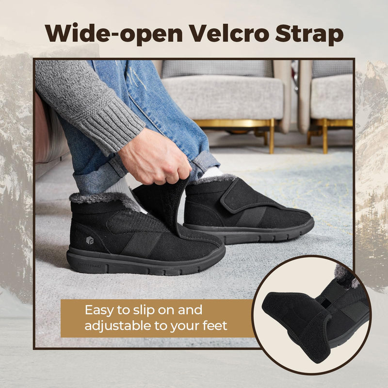FitVille Diabetic Shoes for Men Extra Wide Width, Warm Slip-on Winter Slipper Boots with Adjustable Closures, Snow Boots for Swollen Feet, Neuropathy Black 14 X-Wide